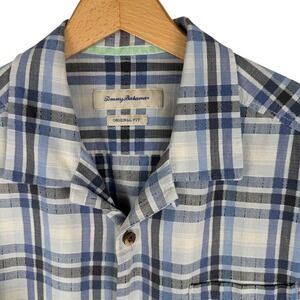 Tommy Bahama Silk Plaid Camp Shirt Mens L Short Sleeve Button Down Cream Navy